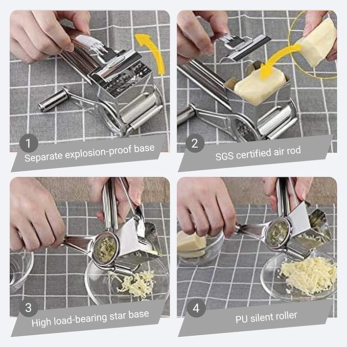 Handheld Cheese Grater Shredder, Stainless Steel | Effortless Hand Crank Rotary Design - Quickly Prep Parmesan, Vegetables, Nuts for Salads, Pasta & & Easy-Clean Kitchen Tool for Everyday Cooking