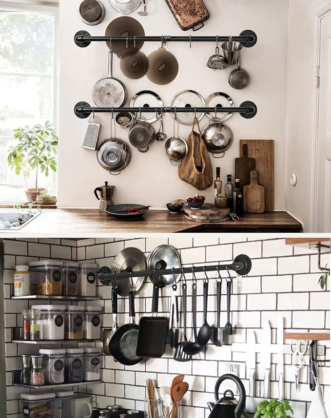 Industrial Pipe Pot Pan Rack 21" (2 Pack), Wall mount Pot hangers Pan Hanging Rail Lid Hanger for kitchen with 10 S Hooks - Image 7