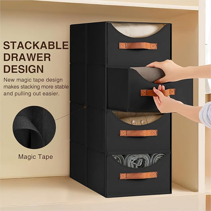 Homsorout Closet Organizers and Storage - Large Stackable Storage Bins with Drawer, Fabric Bins for Organization, Collapsible Storage Drawers Organizer for Bedroom, Living Room, 4 Pack, Black