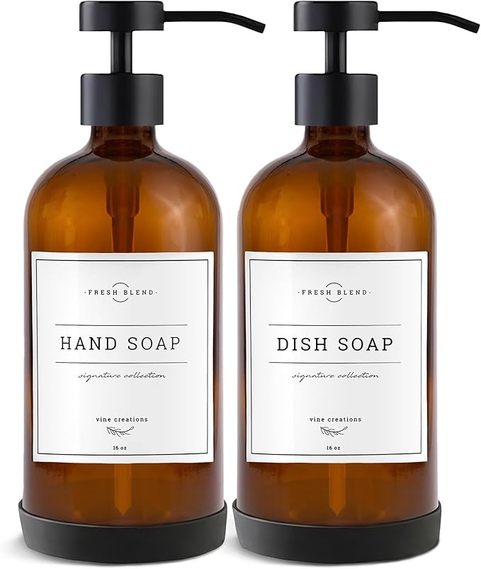 Vine Creations Amber Glass Soap Dispenser Set - Kitchen Soap Dispenser Set with Stainless Steel Pump - 16 oz Dish Soap and Hand Soap Dispensers for Bathroom with Silicone Pad & Waterproof Labels by VineCreations