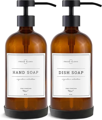 Vine Creations Amber Glass Soap Dispenser Set - Kitchen Soap Dispenser Set with Stainless Steel Pump - 16 oz Dish Soap and Hand Soap Dispensers for Bathroom with Silicone Pad & Waterproof Labels by VineCreations