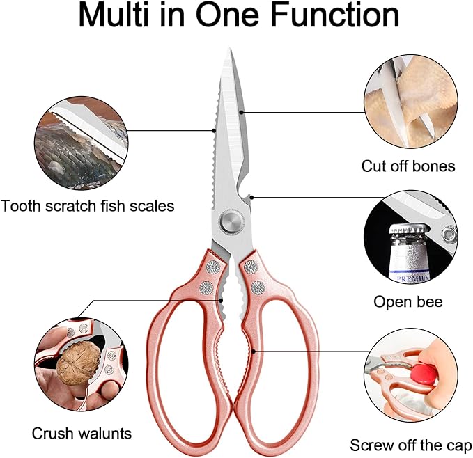 CGBE Kitchen Scissors, Multi-Purpose Kitchen Shears, Heavy Duty Dishwasher Safe Food Scissors for Chicken, Poultry, Fish, Meat & Herbs with Non-Slip Grips - Rosegold - Image 3