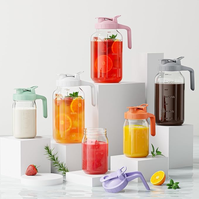 Glass Mason Jar Pitcher, 64 oz Wide Mouth Jug with Pour Spout Handle Lid for Cold Brew Coffee, Ice Beverage, Iced Juice, Lemonade, Sun Tea, Fruit Drinks Container(White) - Image 6