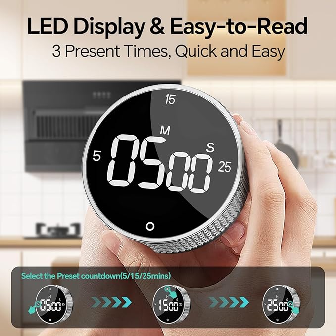 Digital Kitchen Timer with Magnetic, Large LED Display Countdown/Countup Timer, Pomodoro Preset 5/15/25 Mins, Volume & Brightness Adjustable for Cooking Baking Working Studying Silver - Image 3