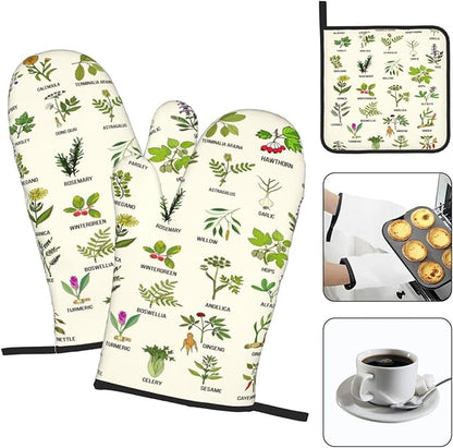 Cute Herbs Botanic Garden Plants Oven Mitts and Pot Holders Sets Heat Resistant for Kitchen BBQ Microwave Baking Grilling Cooks Set of 3 Kitchen Oven Glove - Image 3