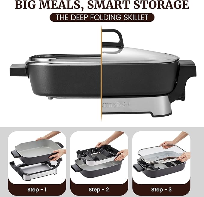 Elite Gourmet 15" x 12" x 3" Stow-Away Foldable Electric Skillet, Ceralast™ PFAS Free Ceramic, 1500W Rapid Heat, Dishwasher Safe Pan & Lid, Black/Grey - Image 2