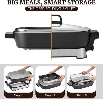 Elite Gourmet 15" x 12" x 3" Stow-Away Foldable Electric Skillet, Ceralast™ PFAS Free Ceramic, 1500W Rapid Heat, Dishwasher Safe Pan & Lid, Black/Grey - Image 2