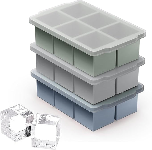 VLM 3 Packs Large Ice Cube Molds with Stackable Lid,Silicone Ice Cube Tray for Freezer,Big Square Ice Tray for Whiskey,Cocktails,Bourbon and Soups (Set 4) by VLM