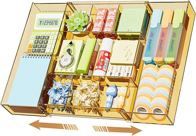 Marbrasse Expandable Desk Drawer Organizer, Clear Plastic Drawer Organizer Tray with 10 Adjustable Compartments, Desk Organizers and Accessories, 5 Drawer Dividers for Office Supplies(Clear Champagne) by Marbrasse