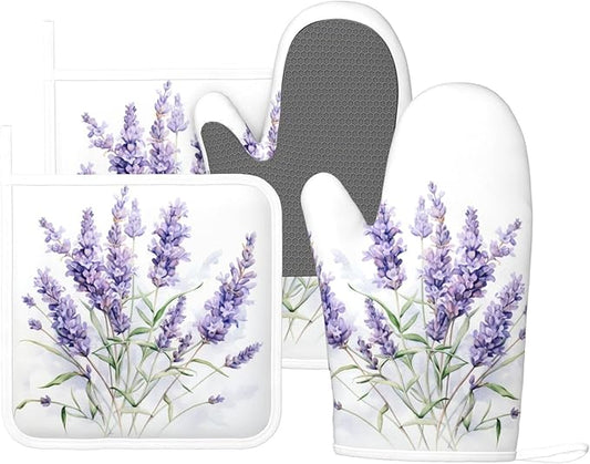 Oven Mitts and Pot Holders Lavender Watercolor Flower Floral Silicone Kitchen Accessories Set of 4 Heat Resistant Long Gloves Potholder Non-Slip Grip for Chef Cooking Baking Grilling BBQ
