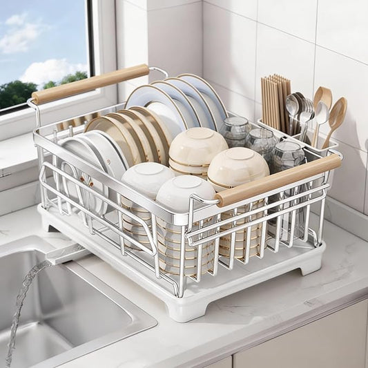 Dish Drying Rack for Kitchen Counter, Stainless Steel Dish Rack with Drainboard, Wooden Handles, Large Capacity Countertop Dish Rack for Plates, Bowls, Cups & Utensils
