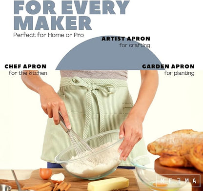 MEEMA Chef Waist Apron Cotton Fabric |Washable & Breathable Waitress & Server Half Aprons for Women with Pockets & Long Waist Straps | Cooking, Baking, Grilling & Crafting