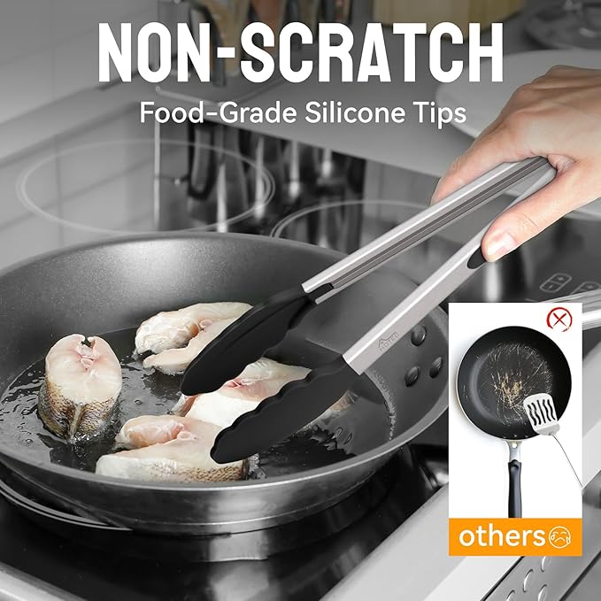 HOTEC Premium Stainless Steel Locking Kitchen Tongs with Silicon Tips, Set of 2-9" and 12" - Image 3