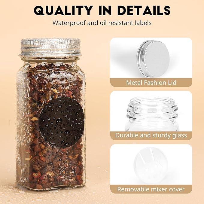 12Pcs Spice Jars with Label, 4oz Empty Square Seasoning Containers, Spice Jars with Shaker Lids, Small Spice Bottles for Salt, Herbs, Sugar, Pepper, Seasoning Jars for Spice Rack, Cabinet, or Drawer - Image 3