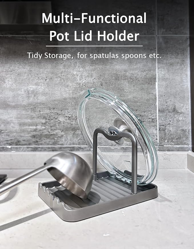 Anti-Rust Metal Spoon Rest with Lid Holder, Heat-Resistant Pot Lid Rest, Multifunctional Spatula Holder While Cooking for Stovetop and Kitchen Counter – Grey - Image 2