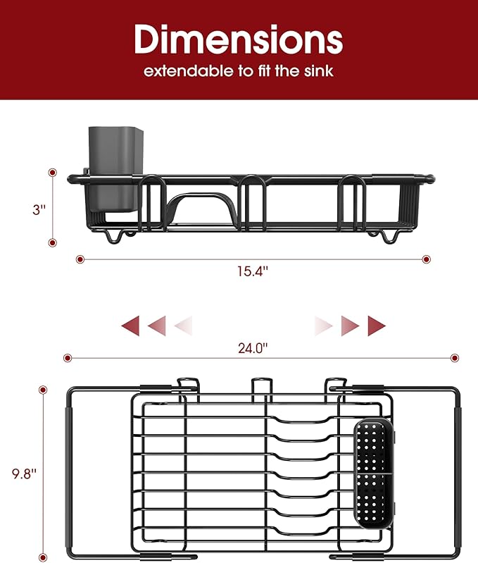Sakugi Dish Drying Rack in Sink - Expandable Stainless Steel Dish Rack Over the Sink, Kitchen Sink Drain Strainer with Cutlery Holder & Cup Holders, 15.4 x 9.8 x 3.0 Inch, Black - Image 6
