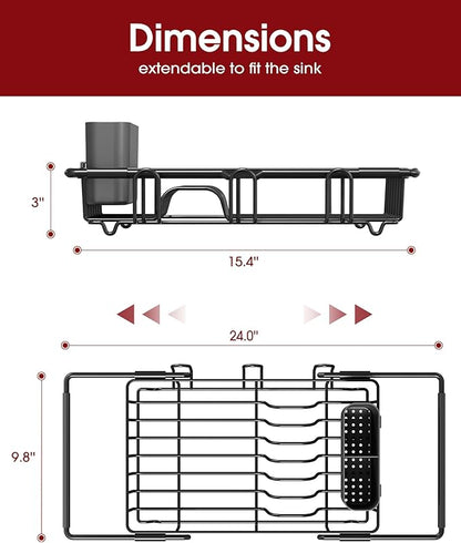 Sakugi Dish Drying Rack in Sink - Expandable Stainless Steel Dish Rack Over the Sink, Kitchen Sink Drain Strainer with Cutlery Holder & Cup Holders, 15.4 x 9.8 x 3.0 Inch, Black - Image 6