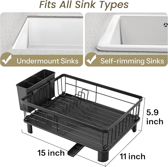 SNTD Dish Drying Rack - Space-Saving Dish Rack for Kitchen Counter, Stainless Steel Dish Drainer with Utensil Holder and Drainboard, 11" W x 15" L (Black) - Image 2