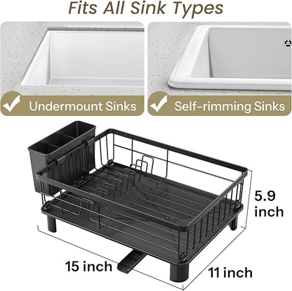 SNTD Dish Drying Rack - Space-Saving Dish Rack for Kitchen Counter, Stainless Steel Dish Drainer with Utensil Holder and Drainboard, 11" W x 15" L (Black) - Image 2