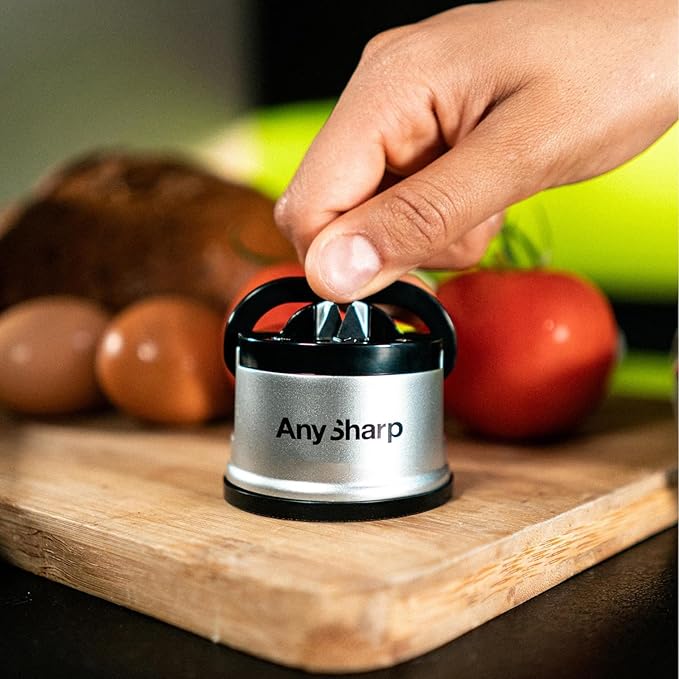 AnySharp – GLOBAL – Hands Free Knife Sharpener - Easy to Use Sharpening Tool with PowerGrip Suction Base and 20-Degree Pre-set Angle - For All Knives: Chef’s, Serrated, and Hardened Steel - Silver - Image 2
