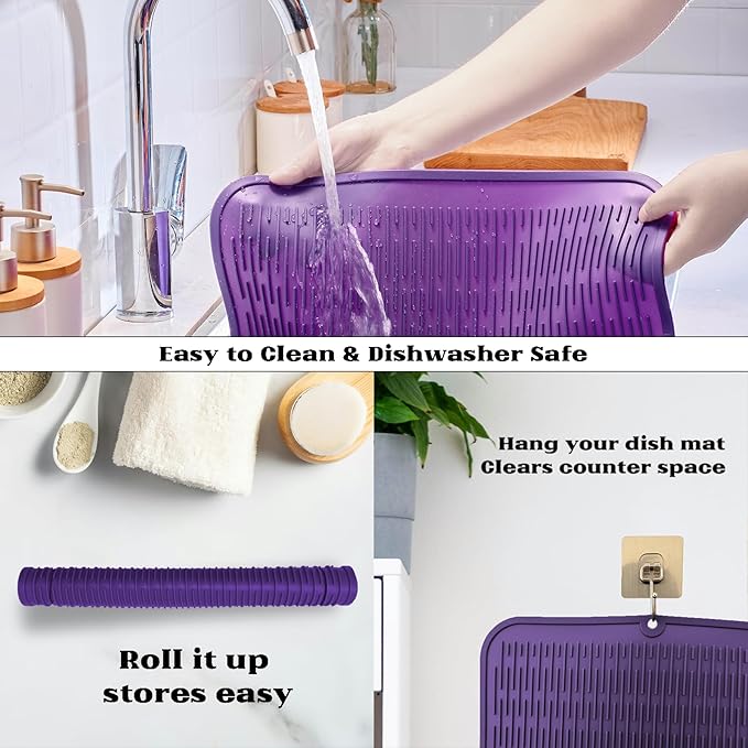 ZLR Large Silicone Dish Drying Mat (16" x 18") - XL Heavy Duty Drainboard Mat for Pots, Pans & Family Loads - Heat Resistant Trivet & Counter Protector, Easy Clean (Meadow Violet) - Image 4