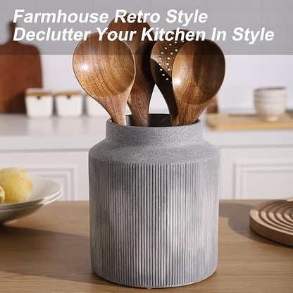 Farmhouse Ceramic Farmhouse Kitchen Utensil Holder for Countertop, Rustic Cooking Utensil Holder Crock Fit for Kitchen Counter.Grey 6.1 x 6.1 x 7 IN - Image 6