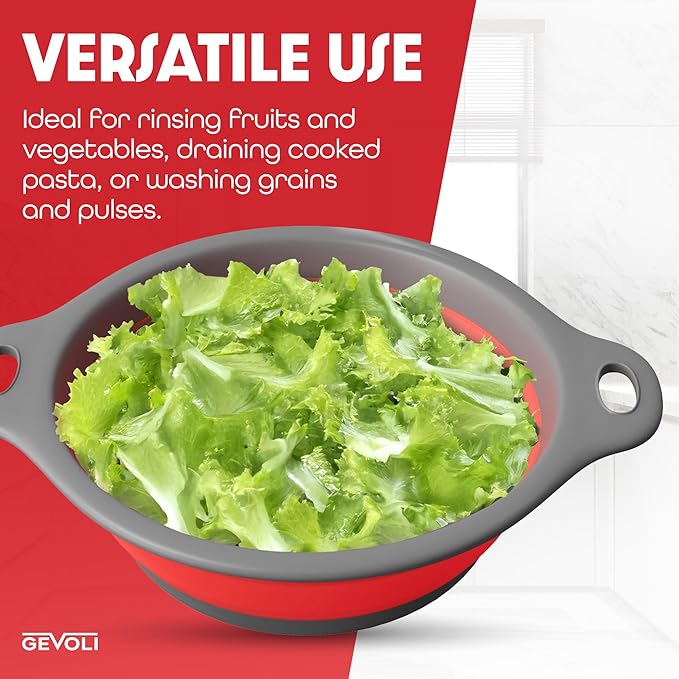 Gevoli Strainer with Self-Draining Base (5QT) Over-Sink Collapsible Kitchen Colander Set with Side-drain Base for Pasta Vegetables and Fruit, XL Large Capacity, Dishwasher Safe (5-Quart) Red/Gray - Image 6
