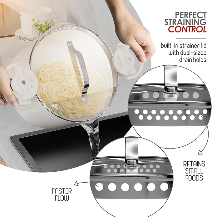 EATEX Pasta Pot with Strainer Lid - 5 Quart Multipurpose Stock Simmer Spaghetti with Strainer - Twist & Lock Handles, Nonstick Ceramic Stainless Steel Tempered Glass Cream