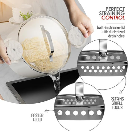 Eatex Pasta Pot with Strainer Lid - 5 Quart Multipurpose Stock Simmer Spaghetti with Strainer - Twist & Lock Handles, Nonstick Ceramic Stainless Steel Tempered Glass Cream - Image 3