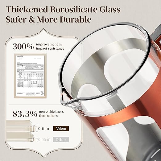 Veken French Press Coffee Maker 34oz 1 L, No Plastic Touching Cafe, Heat Resistant Thickened Borosilicate Glass, Stainless Steel Brewer, Cold Brew Cafetera Teapot for Kitchen Travel Camping, Copper - Image 3