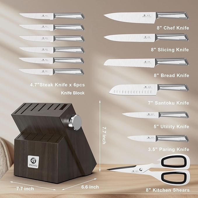 Knife Sets for Kitchen with Block imarku G14 Japanese Knife Set Stainless Steel Kitchen 14pcs, Built-in Sharpener, Sharp Knives with Non-slip Ergonomic Handle - Dishwasher Safe, Home Essential Gifts - Image 6