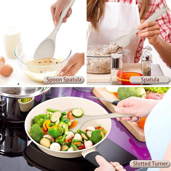 P&P CHEF Silicone Cooking Utensils Set of 7, Heat-proof Kitchen Utensils Set for Nonstick Cookware, Non-stick Spatula, Slotted Turner, Soup Ladle, Pasta Server, Spoon for Cooking Serving - Khaki - Image 5