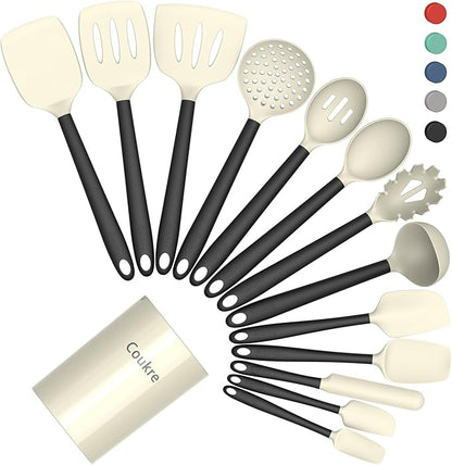Coukre Silicone Kitchen Cooking Utensils Set with Holder – Heat-Resistant, Food-Grade Kitchen Tools, Spatula, Spoon & Gadgets for Non-Stick Pans, Dishwasher Safe (14, Beige) by Coukre