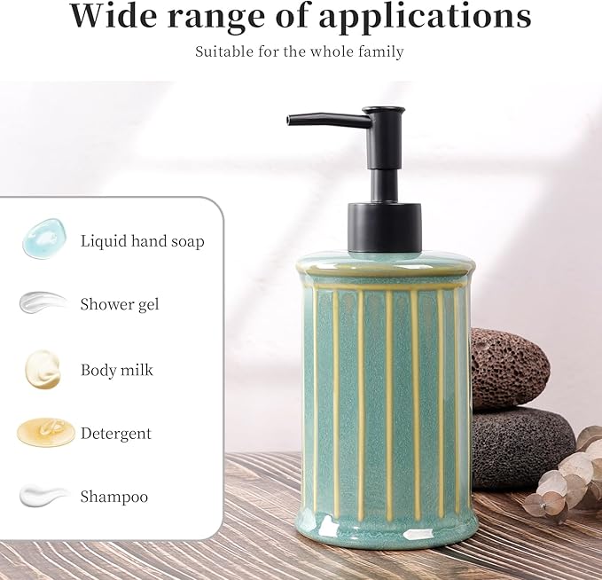 Soap Dispenser, Ceramic Liquid Hand Dish Soap Dispenser 11.84OZ, Hand Lotion Dispenser for Kitchen Bathroom Shower, Refillable, Dark Green, ANTIS'S HOME