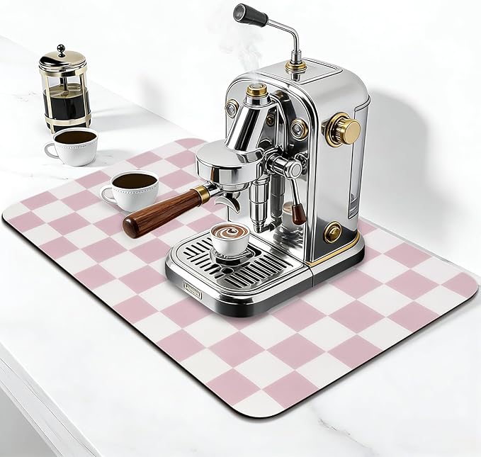 CooRug Checkered Dish Drying Mat for Kitchen Counter, Absorbent Non-Slip Coffee Mat, Heat Resistant Mat for Countertops Coffee Bar Decor 12" x 20" Pink - Image 3
