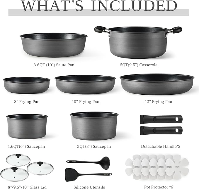 CAROTE 20pcs 4-Ply Premium Hard Anodized Pots and Pans Set Non Stick with Detachable Handle, Dishwasher/Oven Safe, RV Kitchen Cookware Set Nonstick, Induction Cookware, Large Capacity Pans and Pot Set - Image 2