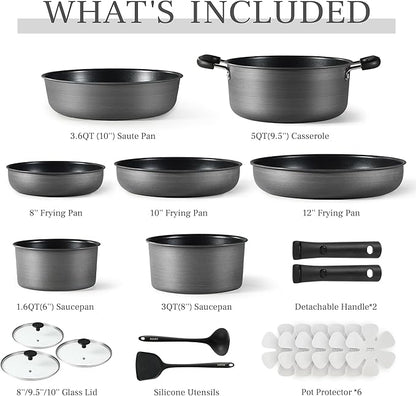CAROTE 20pcs 4-Ply Premium Hard Anodized Pots and Pans Set Non Stick with Detachable Handle, Dishwasher/Oven Safe, RV Kitchen Cookware Set Nonstick, Induction Cookware, Large Capacity Pans and Pot Set - Image 2