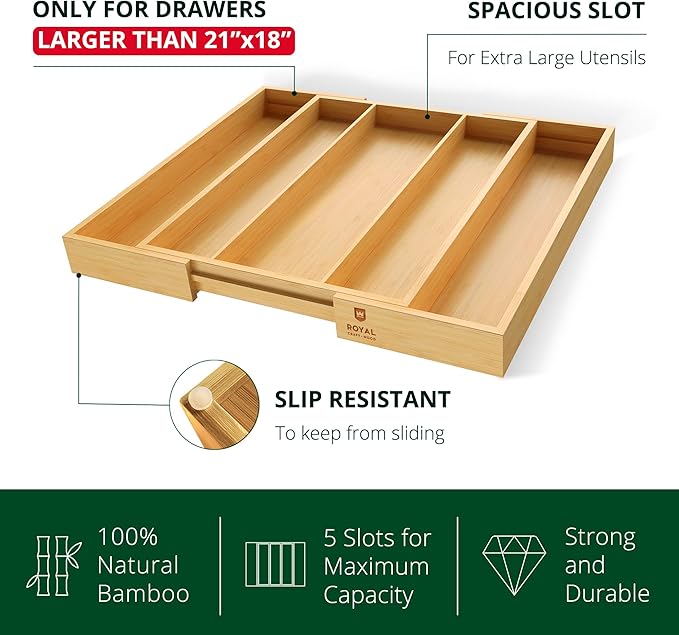 ROYAL CRAFT WOOD Luxury Bamboo Kitchen Drawer Organizer - Silverware Organizer - Utensil Holder and Cutlery Tray with Grooved Drawer Dividers for Flatware and Kitchen Utensils (5 Slot, Natural) - Image 5