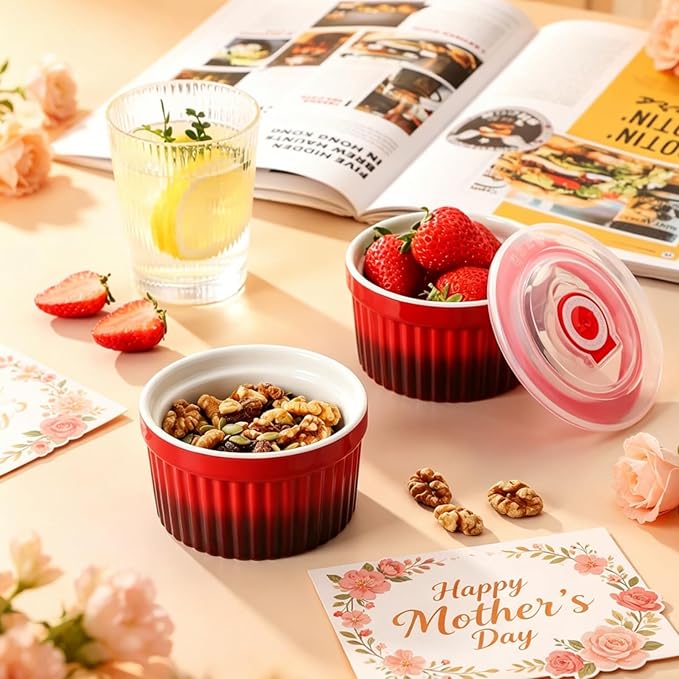 vancasso 6 oz Ramekins with Lid, Porcelain Creme Brulee Souffle Dishes, Red Pudding Custard Cups Ramiken for Baking, Dishwasher and Oven Safe, Set of 6 - Image 3