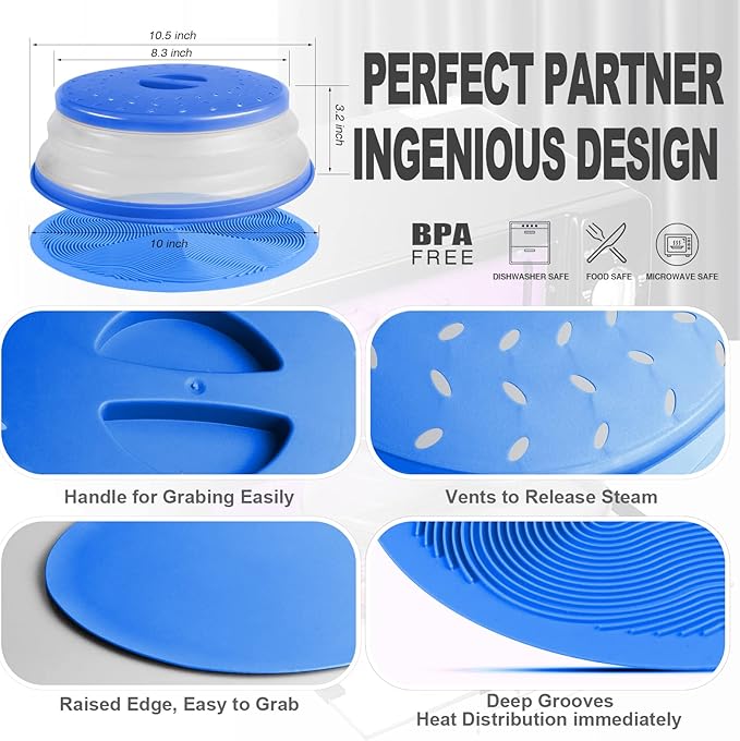 2 in 1, Aidacom Microwave Splatter Cover for Food & Silicone Microwave Mat, Mat as Bowl Holder, Trivet, Pot Holders, Drying, Baking, Utensils Rest for Kitchen Counter, Dishwasher Safe, Blue - Image 6