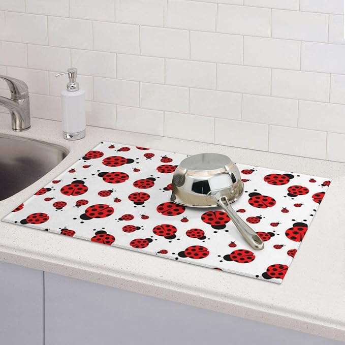 Red Ladybug Dish Drying Mat Cute Small Dots Fun Animal Themed Drying Rack Pad Countertop Dishes Ultra Absorbent Microfiber Kitchen Counter Mat 18x24 Inch