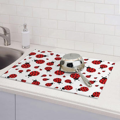 Red Ladybug Dish Drying Mat Cute Small Dots Fun Animal Themed Drying Rack Pad Countertop Dishes Ultra Absorbent Microfiber Kitchen Counter Mat 18x24 Inch