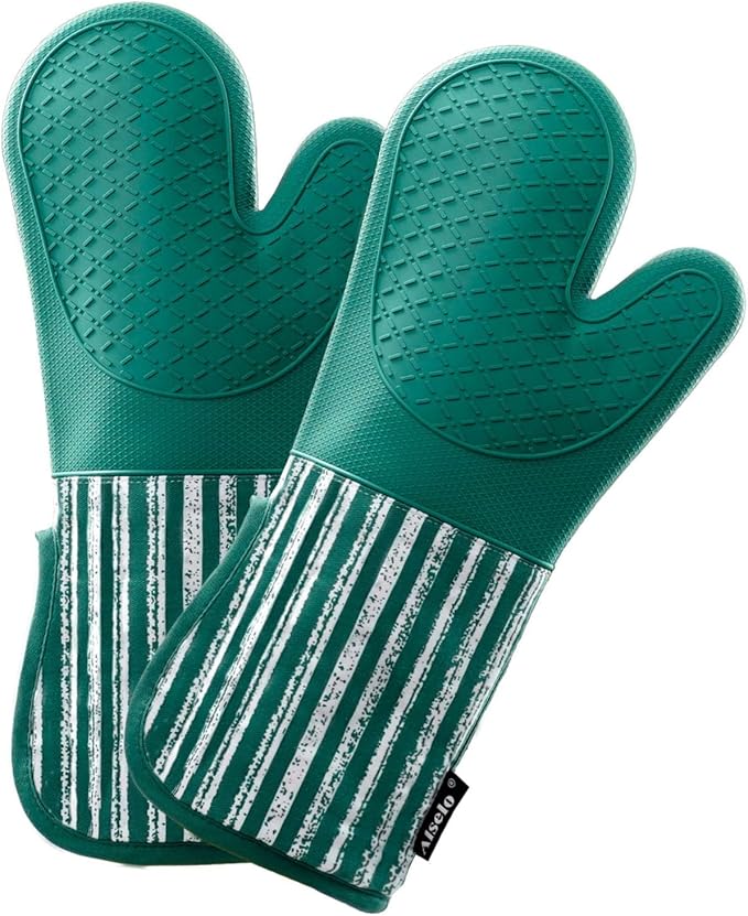 Alselo Silicone Oven Mitts Heat Resistant 932℉ with Waterproof & Non-Slip Kitchen Mittens, Set of 2 Extra Long Oven Gloves with Soft Cotton Terry Lining for Baking Cooking Barbecue (Emerald Green, 2) by Alselo-Enjoyahealthylife