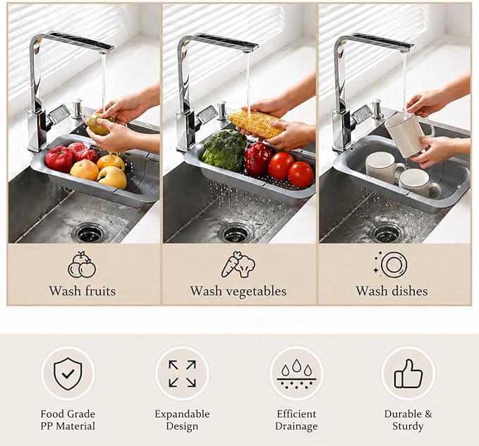 Expandable Over Sink Strainer for Kitchen Sink, Adjustable Sink Colander Basket, Kitchen Sink Strainer for Washing Fruits, Vegetables, Dishes & Utensils, Space Saving Drain Basket, Gray