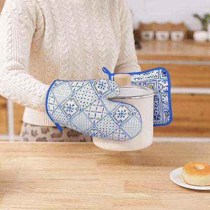 Blue Boho Geometric Silicone Oven Mitts Pan Mats Set of 2, Heat Resistant Gloves Potholder with Non-Slip Grips Hanging Loops Pot Holder, Spring Summer for Chef Cooking, Baking, Grilling, BBQ