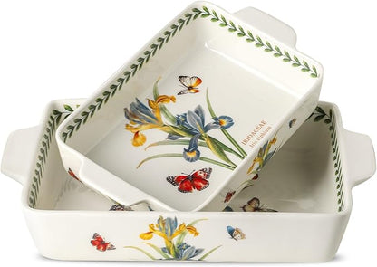 Ceramic Iris Baking Casserole Dish with Handles, Large 2 pieces 8x13 inch & 6x10 inch Lasagna Baking Dish and Middle Flower Andplant Baking Pan,Porcelain Serving Bakeware Set by Howise