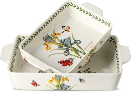 Ceramic Iris Baking Casserole Dish with Handles, Large 2 pieces 8x13 inch & 6x10 inch Lasagna Baking Dish and Middle Flower Andplant Baking Pan,Porcelain Serving Bakeware Set by Howise