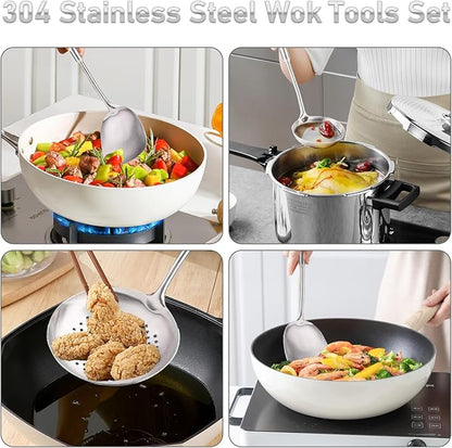 FJNATINH 4-Pieces 304 Stainless Steel Wok Spatula Set,Cooking Utensil Set,Soup Ladle Colander,Nonstick Kitchen Cooking Utensils Set with Spatula,Kitchenware Tools