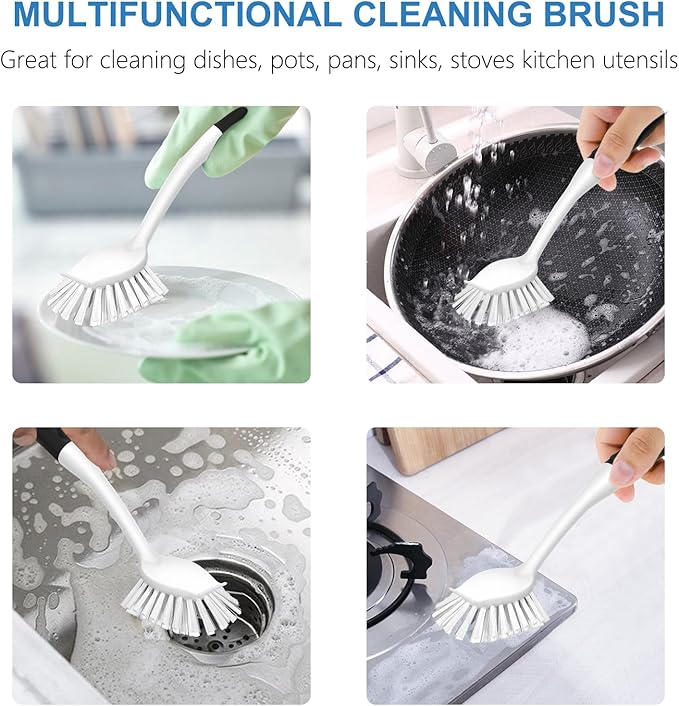SetSail Dish Brush with Handle, 3 Pack Stiff Bristles Dish Scrubber with Built-in Scraper Dish Scrub Brushes for Cleaning Dishes, Pots and Pans, Kitchen Sink, 3 Pack, Black White - Image 6