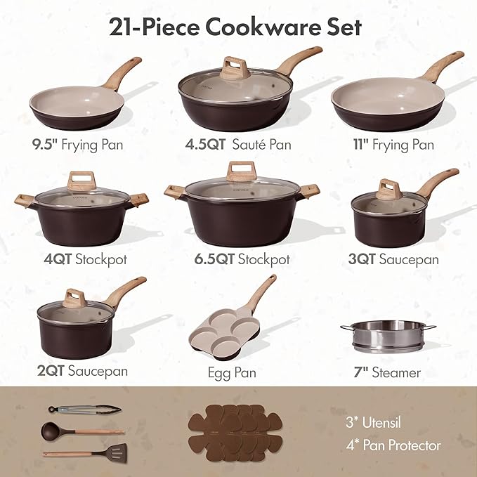 CAROTE 21 PCS Ceramic Cookware Set, Pots and Pans Set Non Stick, Pot and Pan Set with Frying Pan, Induction Ready Cooking Set for Kitchen, PFOS/PFOA/PFAS Free, Brown - Image 2